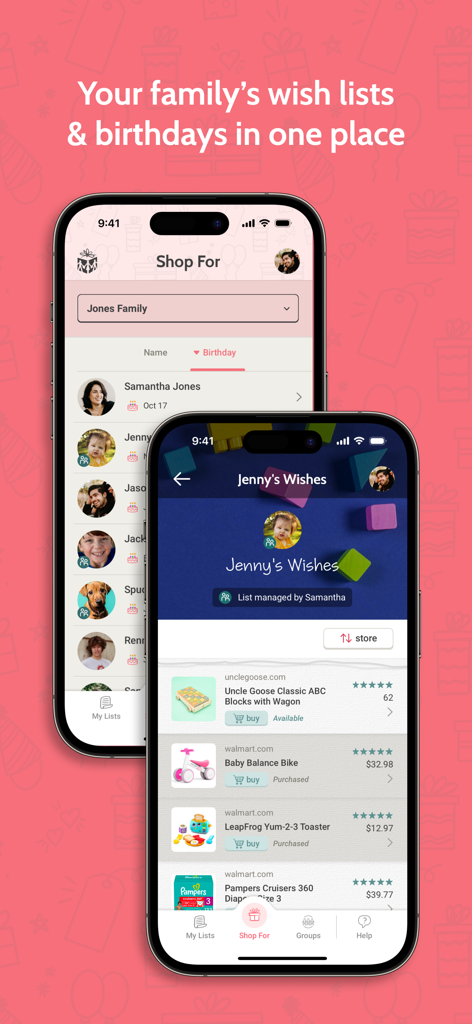 A screenshot of the Giftster app showing a family group with birthdays and a child's wish list with items and purchase status.