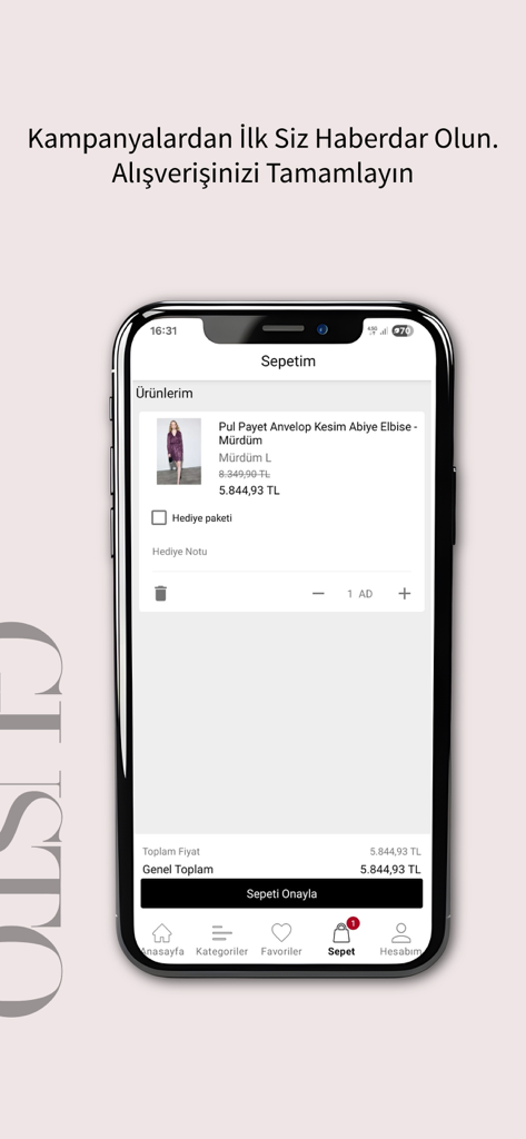 Gusto - Shopping cart screen in the Gusto mobile app featuring a sequined evening dress