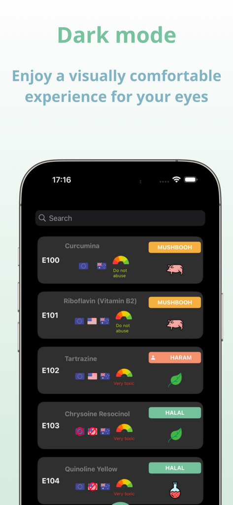 Interface do aplicativo TagHalal no modo escuro mostrando uma lista de aditivos alimentares com seus status Halal e Haram