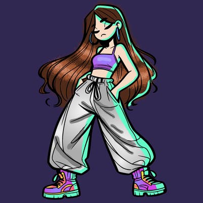 girl in baggy pants crop top and long hair