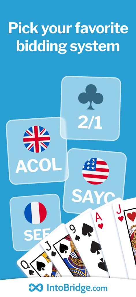 IntoBridge - Interface of the IntoBridge app showing various bridge bidding system options like ACOL and SAYC with a hand of cards