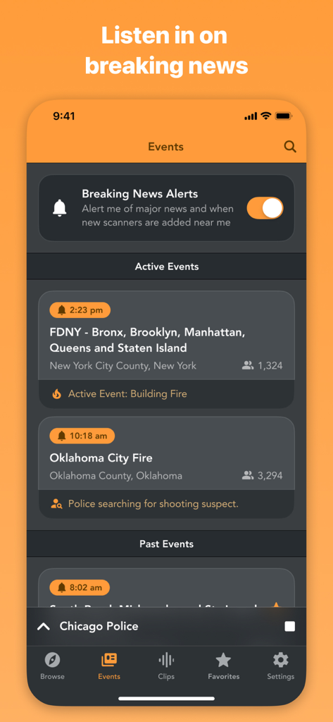 Interface of the Police Scanner app showing active emergency events and breaking news alerts