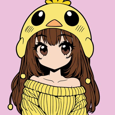 anime girl with chick shaped hat with sweater with bare shoulders with bangs covering them one eye with low tail