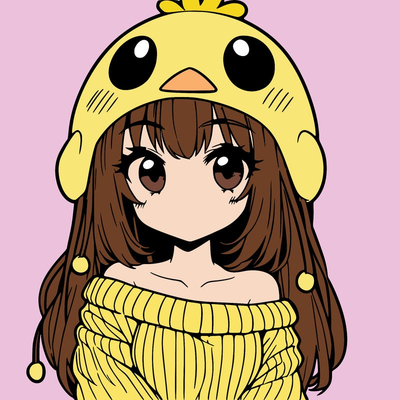 anime girl with chick shaped hat with sweater with bare shoulders with bangs covering them one eye with low tail