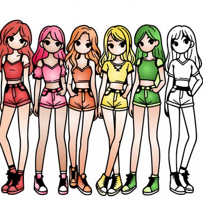 a group of girls wearing crop tops and shorts