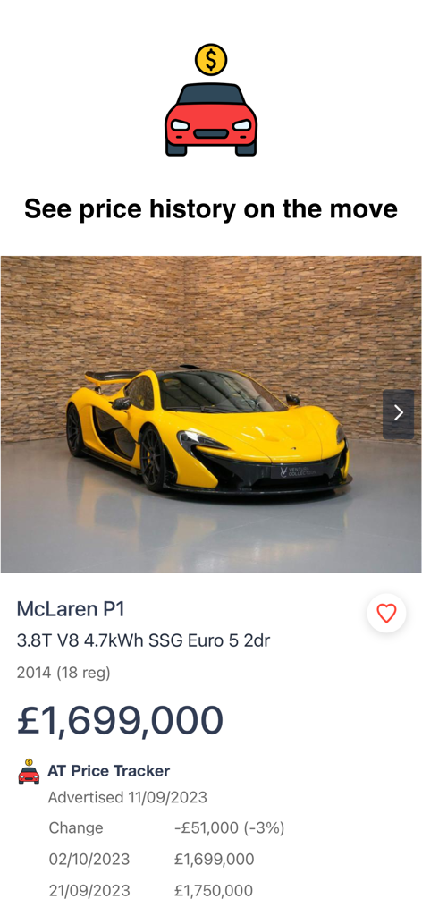AT Price Tracker app interface showing price history and a price drop for a yellow McLaren P1