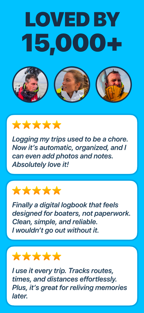 Boating Logbook: Skipper - Una colección de reseñas de usuarios positivas de cinco estrellas y testimonios para la aplicación Diario de Navegación Skipper que resaltan su facilidad de uso y confiabilidad