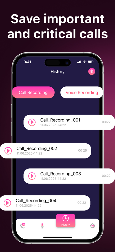 Call Recorder: Record All - Interface showing a list of saved phone call recordings in the history tab of the Call Recorder app