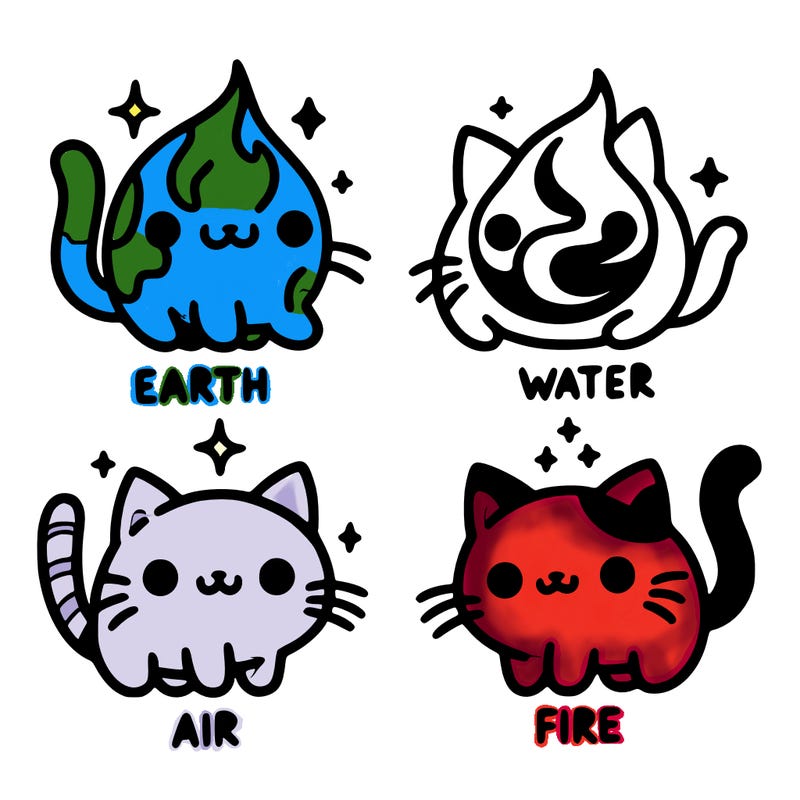 4 cats that represent the different elements, earth, water, air, and fire