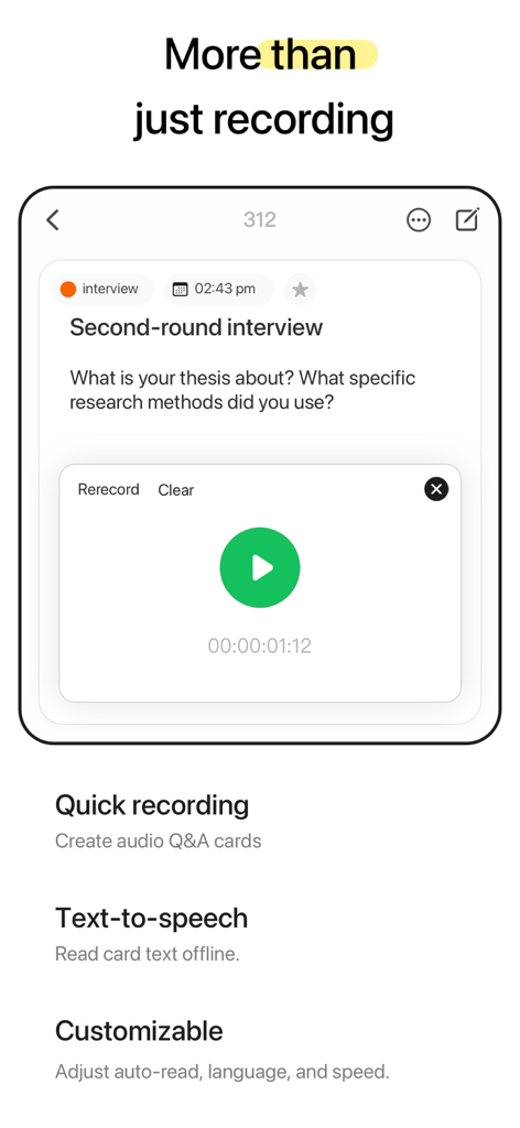 Interface de l'application WinkNotes montrant l'enregistrement audio des cartes mémoire et les fonctionnalités de synthèse vocale pour la préparation d'entretiens.