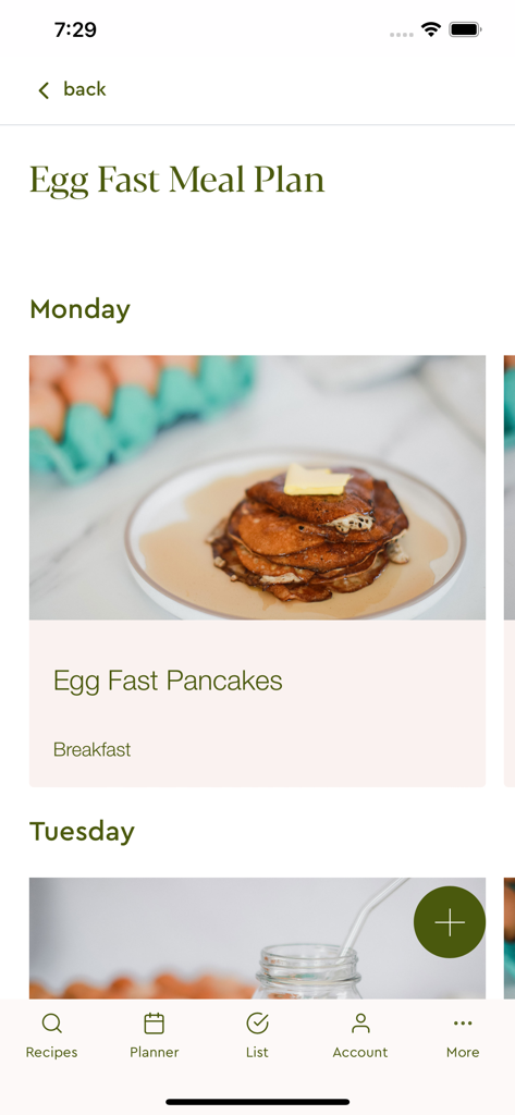 Welle Club - Welle Club app screen displaying a keto egg fast meal plan with recipes for breakfast