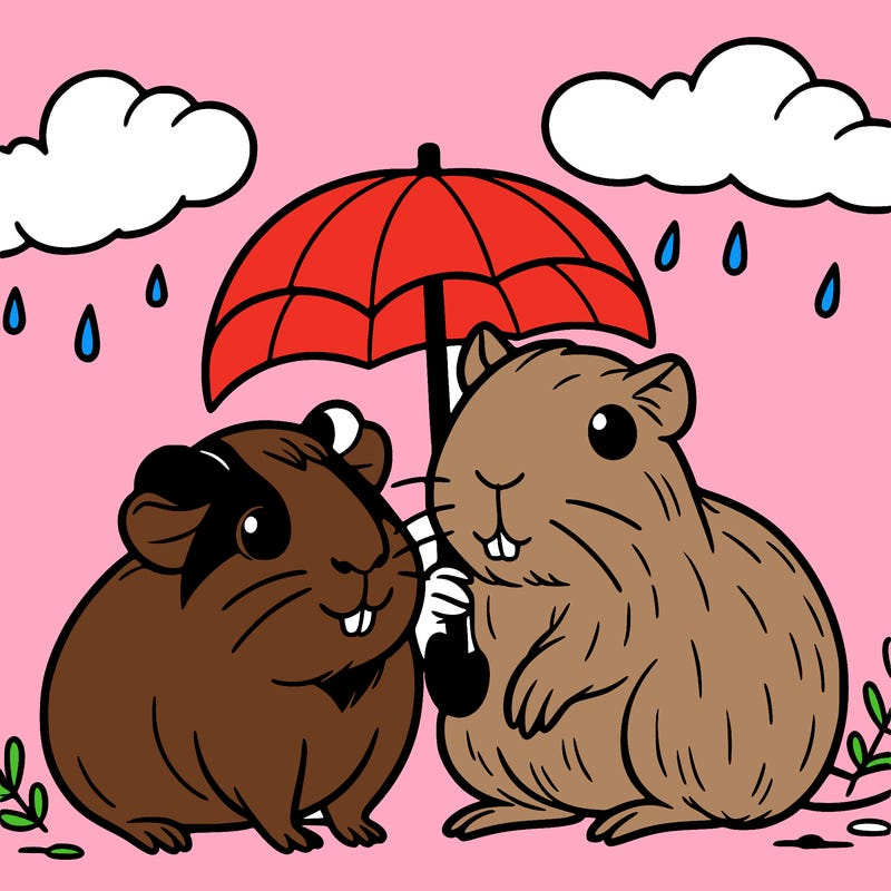 guinea pig and capybara on a rainy day