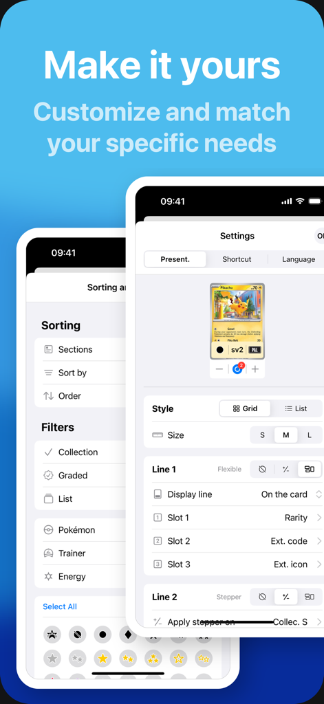 ProDex TCG - Card Tracker - ProDex TCG app interface showing customization options for card display sorting and filters