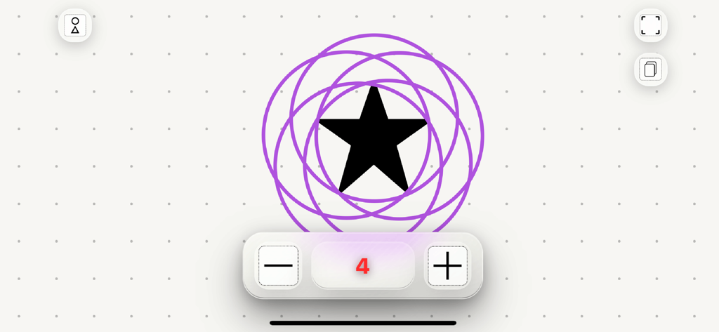 GeoArt Creator - Shape Design - A black star surrounded by overlapping purple circular outlines on a minimalist grid background in the GeoArt Creator app