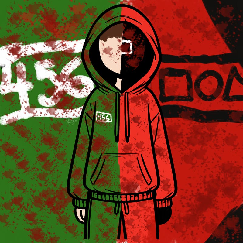 faceless girl in a tracksuit with a hood on and no hair