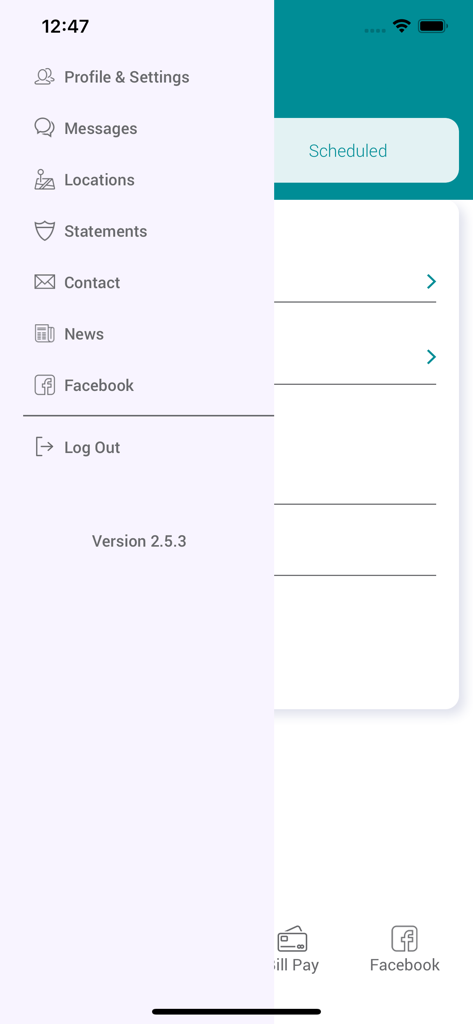 Ariza Credit Union mobile app sidebar menu displaying profile messages locations and statements