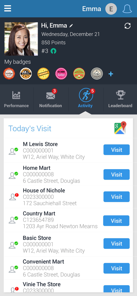 Accenture NewsPage SFA 8.0 - Interface of the Accenture NewsPage SFA 8.0 app showing a salesperson's daily visit list with store names and addresses