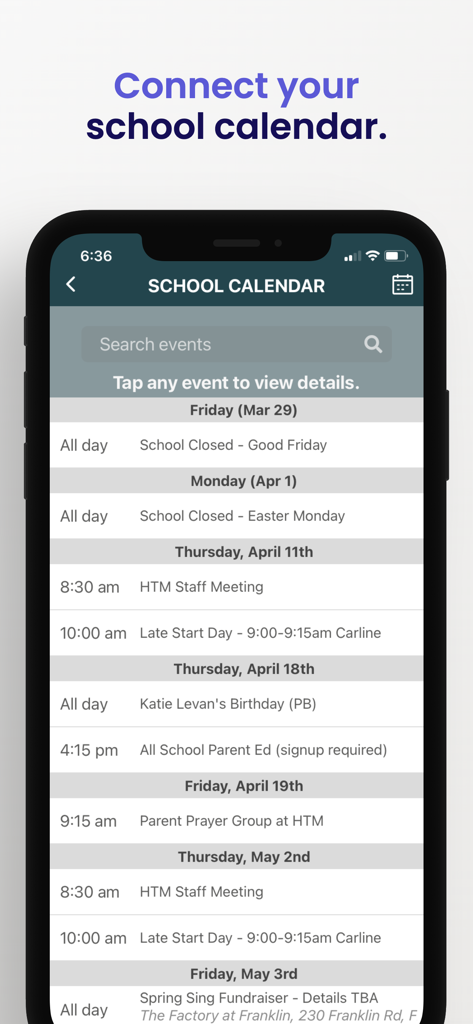 The Montessori App - A screenshot of the school calendar interface in The Montessori App showing scheduled school events and meetings.
