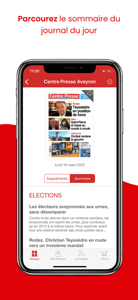 Centre Presse Le Journal - Mobile screen displaying the Centre Presse Aveyron digital newspaper summary and local election news