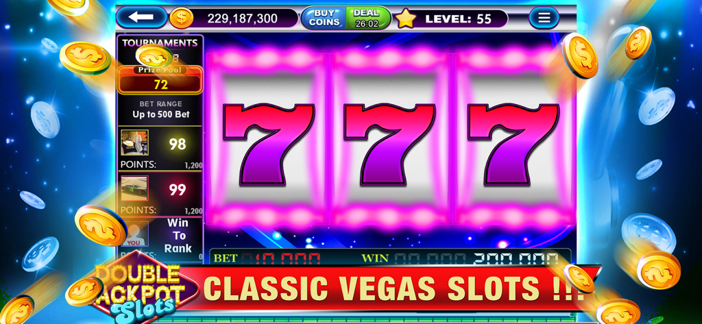 Classic Vegas slots game interface with triple seven jackpot and floating gold coins
