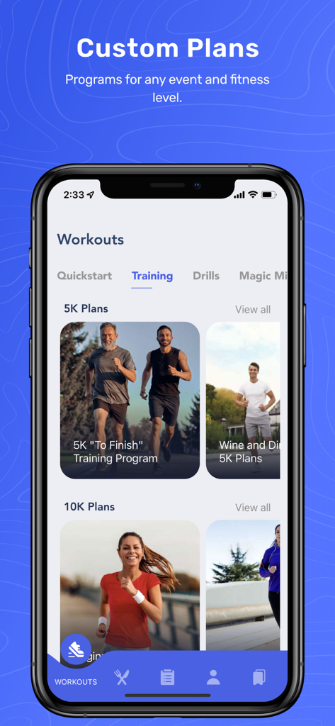 Jeff Galloway Run Walk Run - Smartphone screen of Jeff Galloway Run Walk Run app showing custom 5K and 10K training programs for different fitness levels