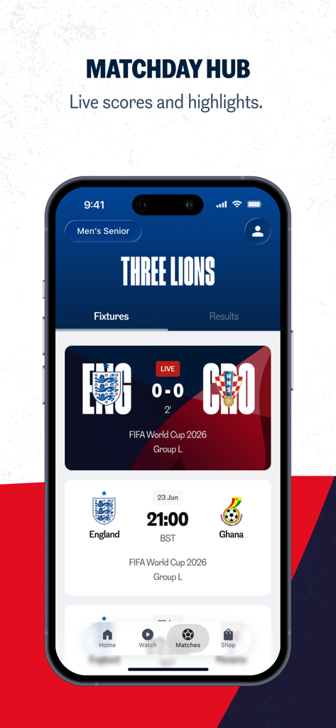 The Official England App - El Centro del Día del Partido de La Aplicación Oficial de Inglaterra que muestra resultados en vivo y partidos para la Copa Mundial de la FIFA 2026