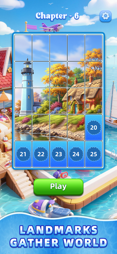 Jigsaw Snap: Tile Puzzle - Jigsaw Snap game screen showing a lighthouse and cottage puzzle in the landmarks category