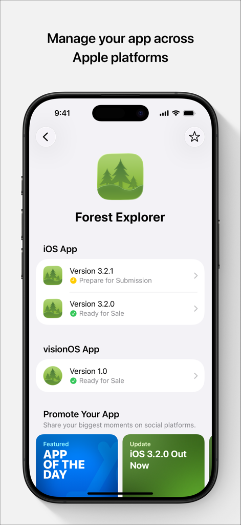 App Store Connect - App Store Connect-Dashboard auf dem iPhone mit Versionsverwaltung für iOS- und visionOS-Apps mit Marketingmaterialien.