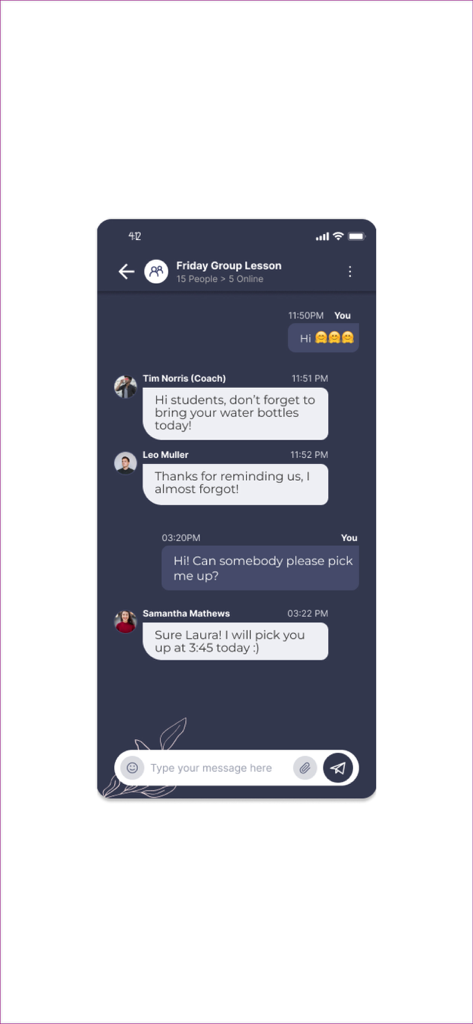 Outcoach - Interfaz de la aplicación móvil Outcoach que muestra un chat grupal para una Lección Grupal de Viernes con mensajes de un entrenador y estudiantes.