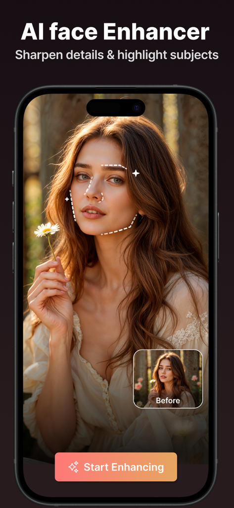 AI Video Enhancer & Upscaler - KI-Gesichtsverbesserer-Funktion zeigt einen Vorher-Nachher-Vergleich eines Frauenporträts mit geschärften Details.