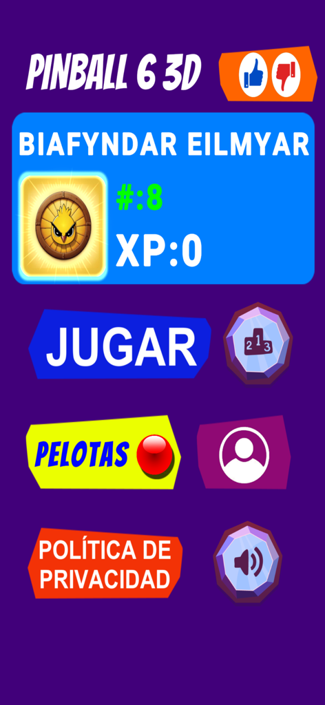 Main menu of the Pinball 6 Ball 3D Machine app showing user profile stats and game navigation buttons in Spanish.