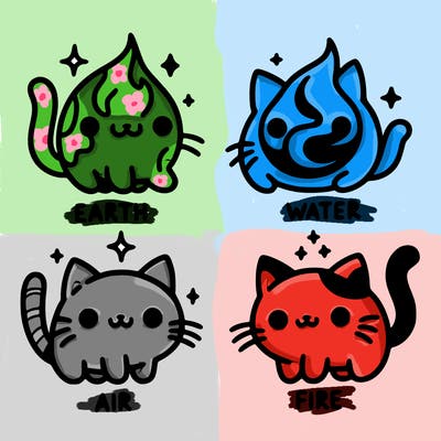 4 cats that represent the different elements, earth, water, air, and fire