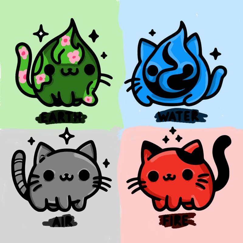 4 cats that represent the different elements, earth, water, air, and fire