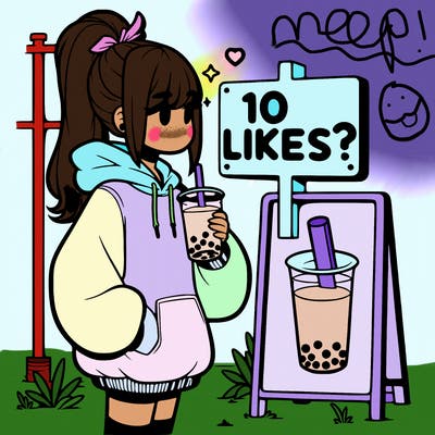 girl with oversized hoodie drinking boba and she has a high ponytail with a sign that says 10likes?