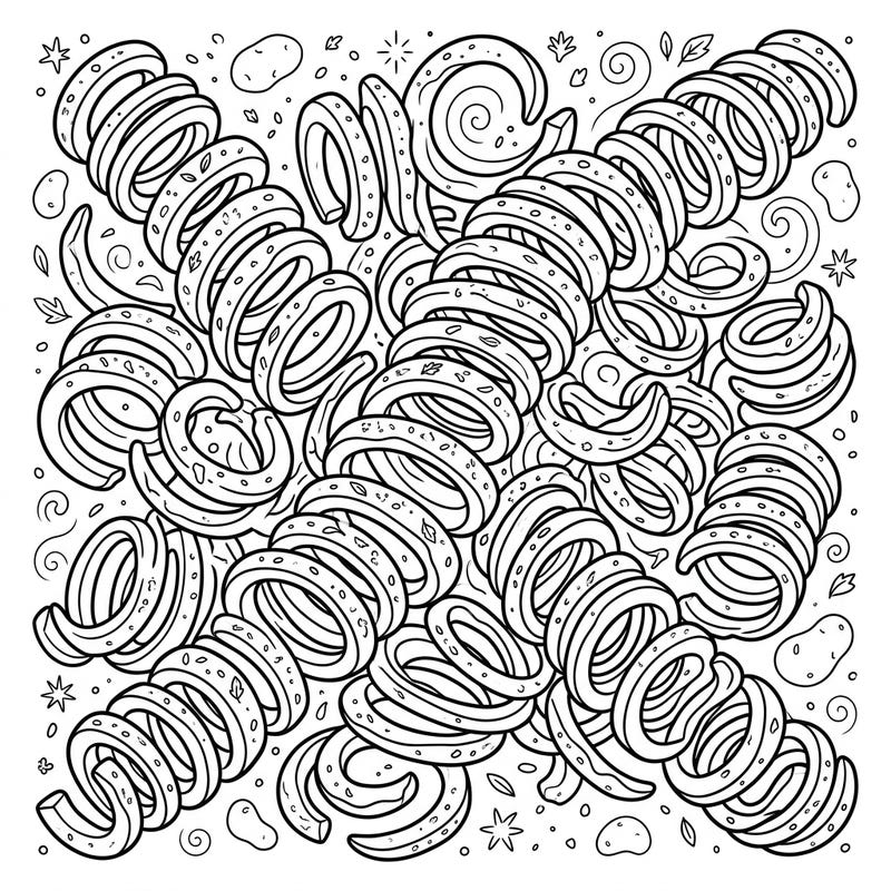 Unleash your creativity with this delightful coloring page featuring an abundance of seasoned curly fries. It's a deliciously fun activity, perfect for anyone craving a unique and engaging artistic challenge.