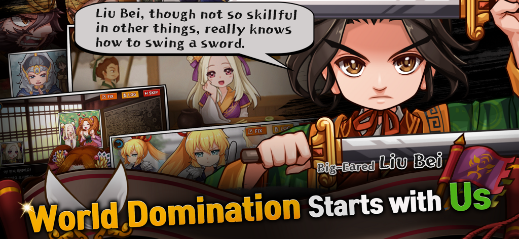 Chibi style Liu Bei character in Three Kingdoms The Shifters visual novel strategy game