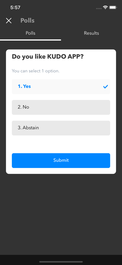 KUDO Live - KUDO Live app interface showing an interactive poll with voting options including Yes No and Abstain