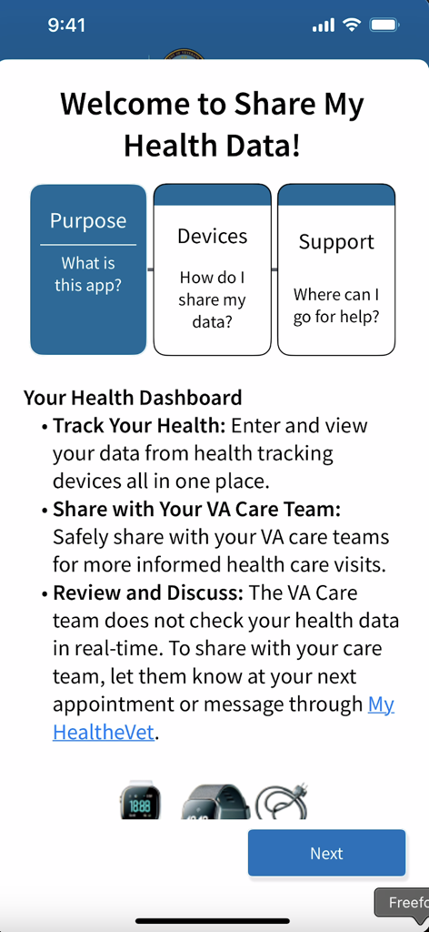 Share My Health Data - Welcome screen for the VA Share My Health Data app explaining how to track and share health data with care teams