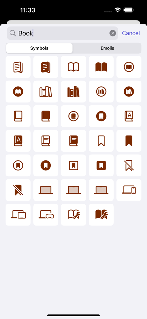 days - Interface for choosing custom icons from a list of book symbols in the days app
