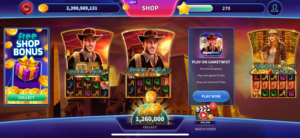 Book of Ra™ Deluxe Slot - Lobby principale dell'app Book of Ra Deluxe Slot che mostra diverse versioni di gioco e ricompense giornaliere