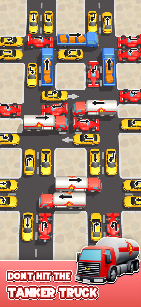 Traffic Untangle: Puzzle Roads - Vista cenital del puzzle del juego Traffic Untangle mostrando coches de juguete y camiones cisterna con flechas de movimiento