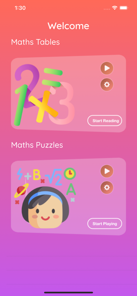 2048 Game & Maths Tables - La pantalla de bienvenida de la aplicación 2048 Game y Tablas de Multiplicar que presenta opciones del menú principal para Tablas de Multiplicar y Puzles Matemáticos