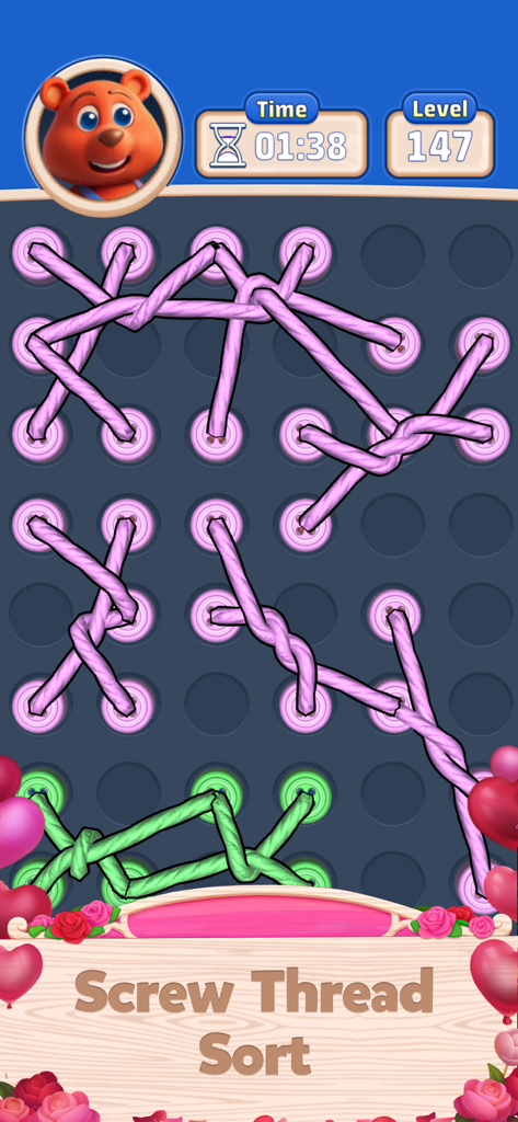Knot Busters 3D - A 3D mobile puzzle game interface showing pink and green ropes tangled between buttons on a grid with a cartoon bear icon