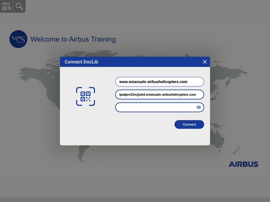The login and connection screen for the Airbus Helicopters Training Manuals app showing the DocLib system interface