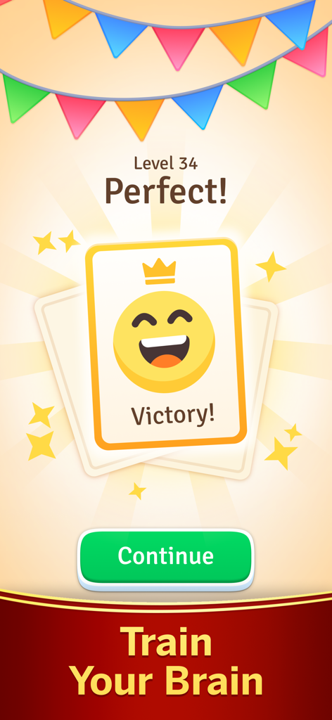 Écran de victoire du niveau 34 de Solitaire Associations Journey montrant une carte smiley et le texte Parfait.