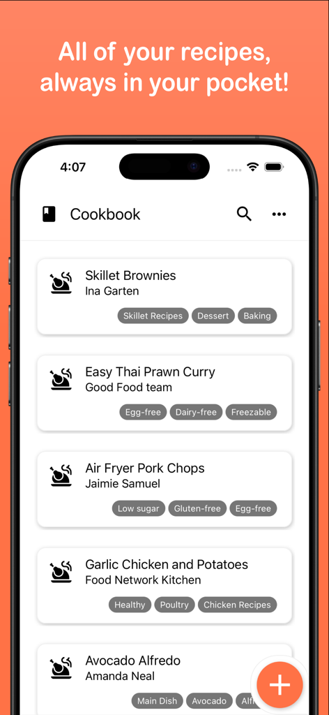 Pocket Cookbook - Smartphone screen showing a clean list of recipes with category tags in the Pocket Cookbook app