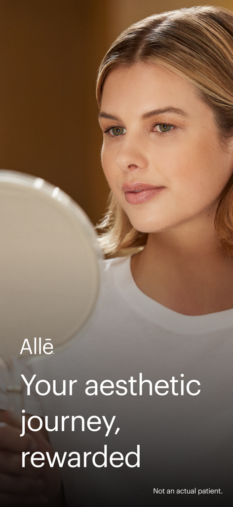 A woman looks into a hand mirror with text saying Alle Your aesthetic journey rewarded
