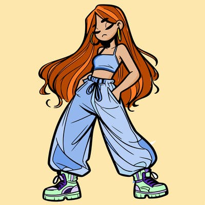 girl in baggy pants crop top and long hair
