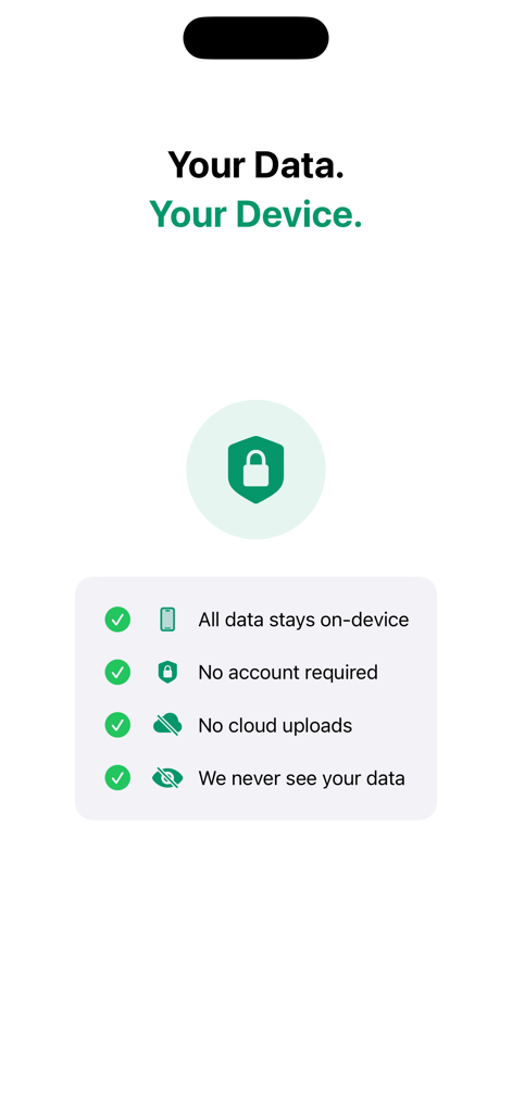 CalcPep app screen showing data privacy features including on-device storage and no account requirement