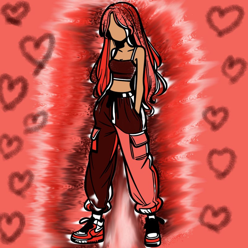 girl in baggy pants crop top and long hair